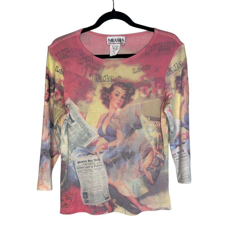 Y2K Amanda Pin‎ Up Girl Graphic Top Size M NWT Newspaper Print Vintage Style